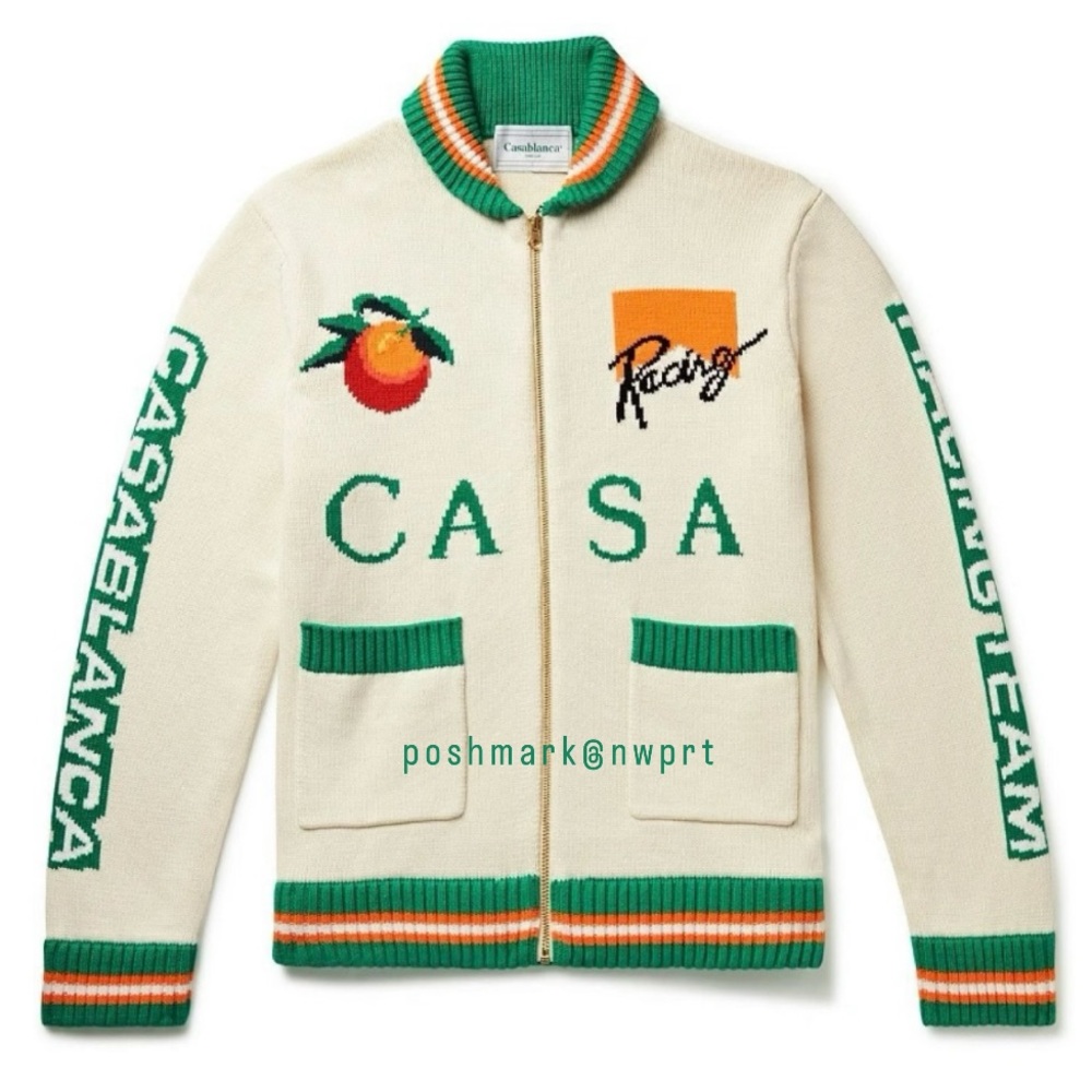 CASABLANCA 🐰 Casa Racing Knit Sweater Cardigan Off White Green Orange Rabbit XS - Picture 3 of 16